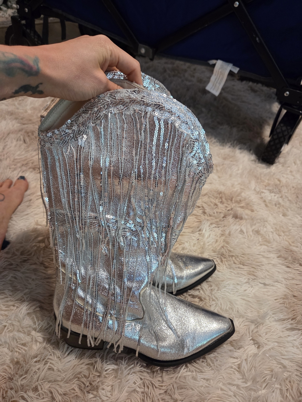 Silver Fringe Metallic Western Boots - Women's Statement Boot